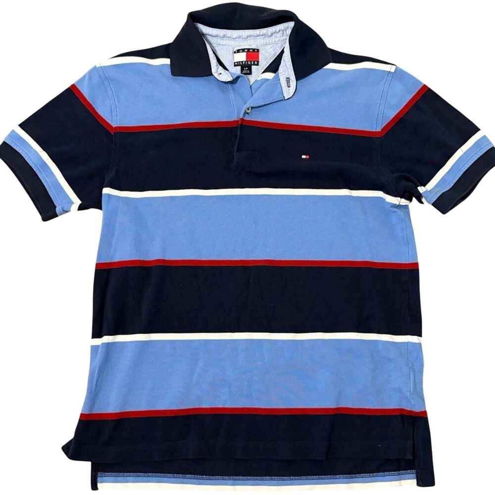 VTG 2005 Tommy Hilfiger Polo Shirt Mens Small Blue Navy Red Striped Y2K Cotton - Picture 1 of 9